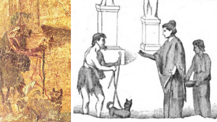 Herculaneumi falfestmény, mely egy látássérült embert ábrázol a kutyájával.