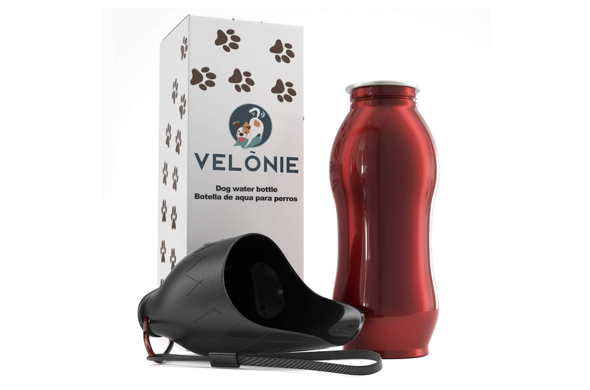 Velonie Dog Water Bottle for Walking - Portable Pet Water Bowl Dispenser, Leak Proof Dog Water Bottle for Travel, BPA Free, Stainless Steel 20 OZ (Durable and Lightweight w/Wrist Strap) Red