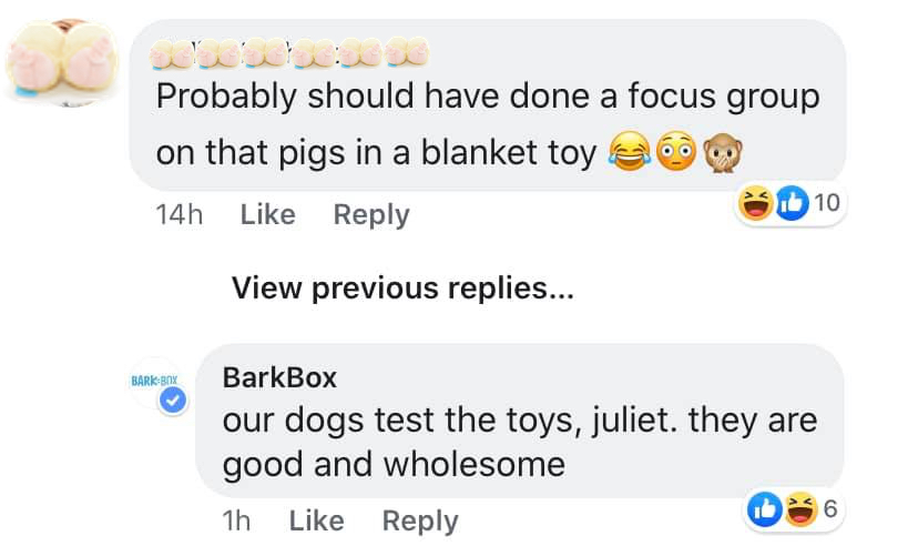 Pigs in blanket barkbox toy a Big Honkin'